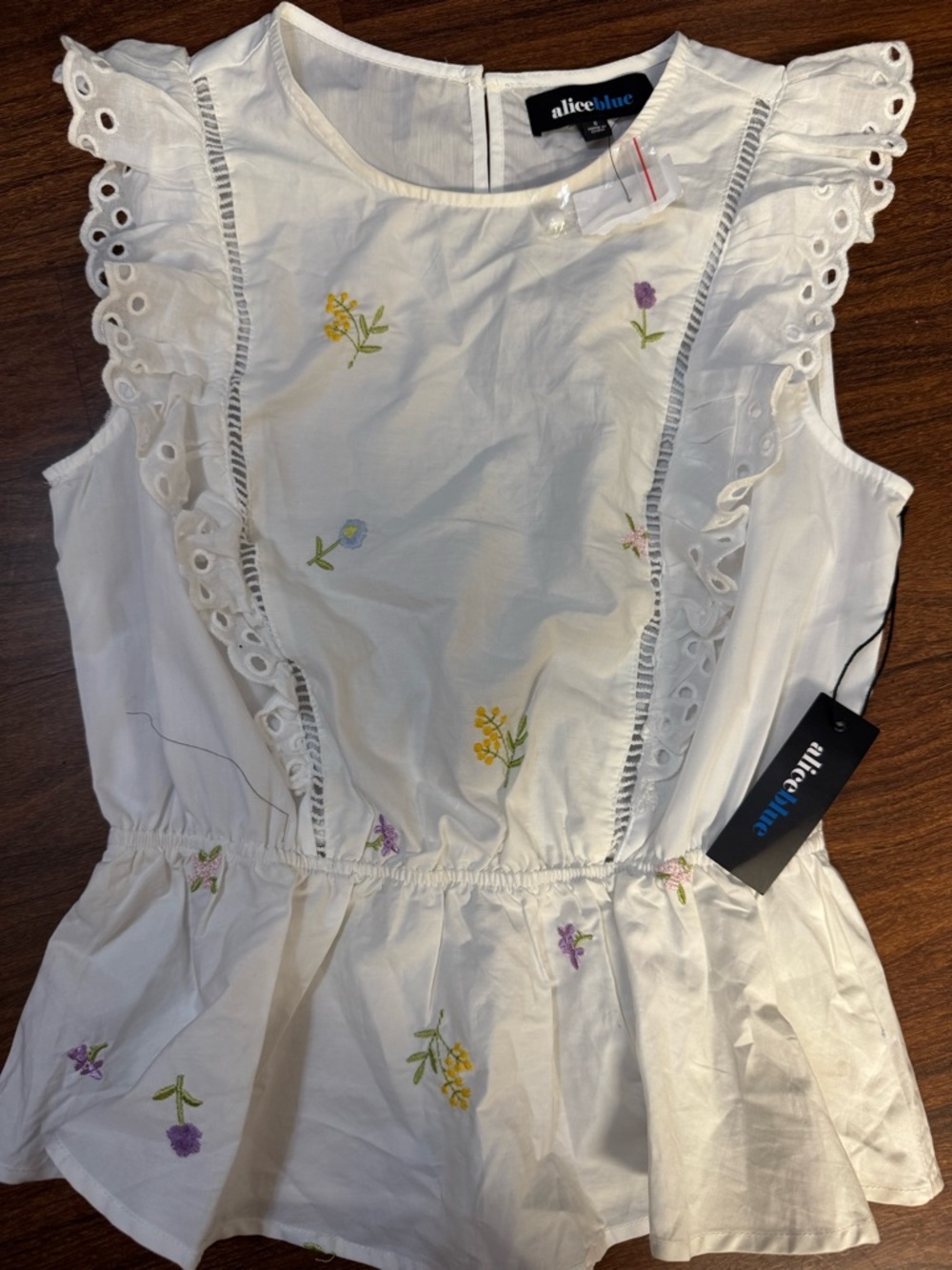 Alice Blue White Eyelet Ruffle Floral Embroidered Peplum Top Size S NWT